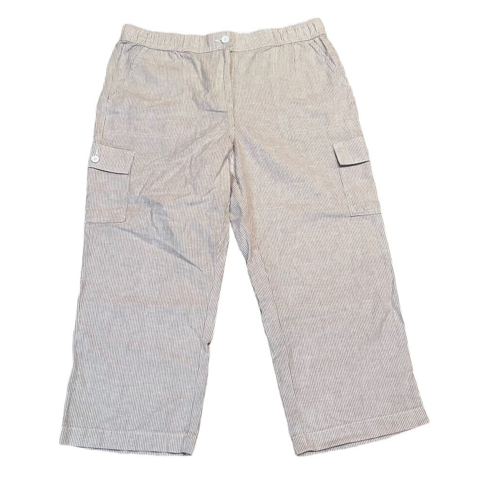 Talbots Womens 12 Tan White Striped Linen Cotton Cargo Crop Pants‎ (G-268)